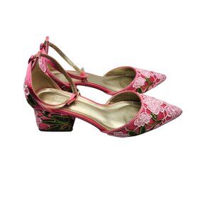 Pink Floral Embroidered ASOS Block Heel Pointed Toe Shoes With Ankle Strap - Siz